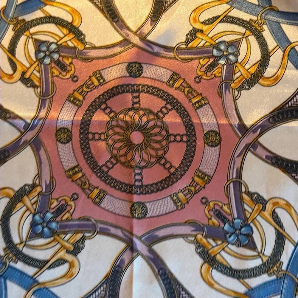 Vintage Equestrian Bandana Scarf 16” Square Pink Blue Cream